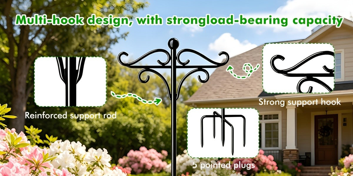 Adjustable Garden Shepherd Hooks RX-MYGF16 with Listed Five-Prong Bases, Two- or Four-Pack Labels for Hanging Bird Feeders, Plant Baskets and Decorative Lanterns