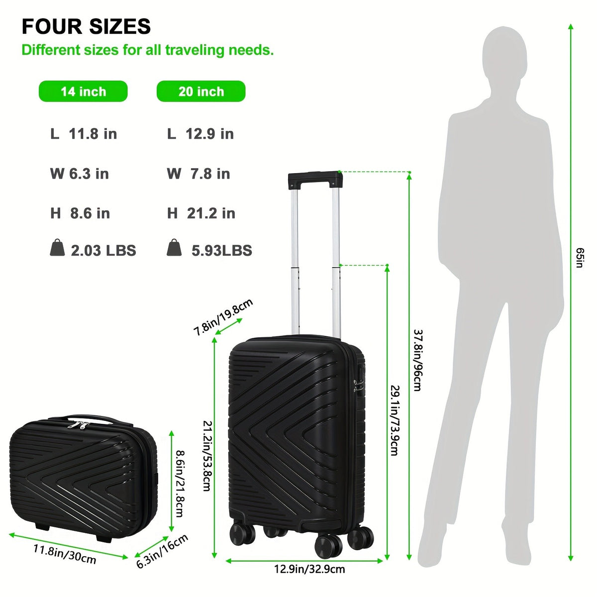 Wheeled Travel Suitcase and Luggage Set Options with Listed 20-Inch Case and Selected 14-Inch Handbag Configurations, Multiple Colors for Work Trips and Vacations