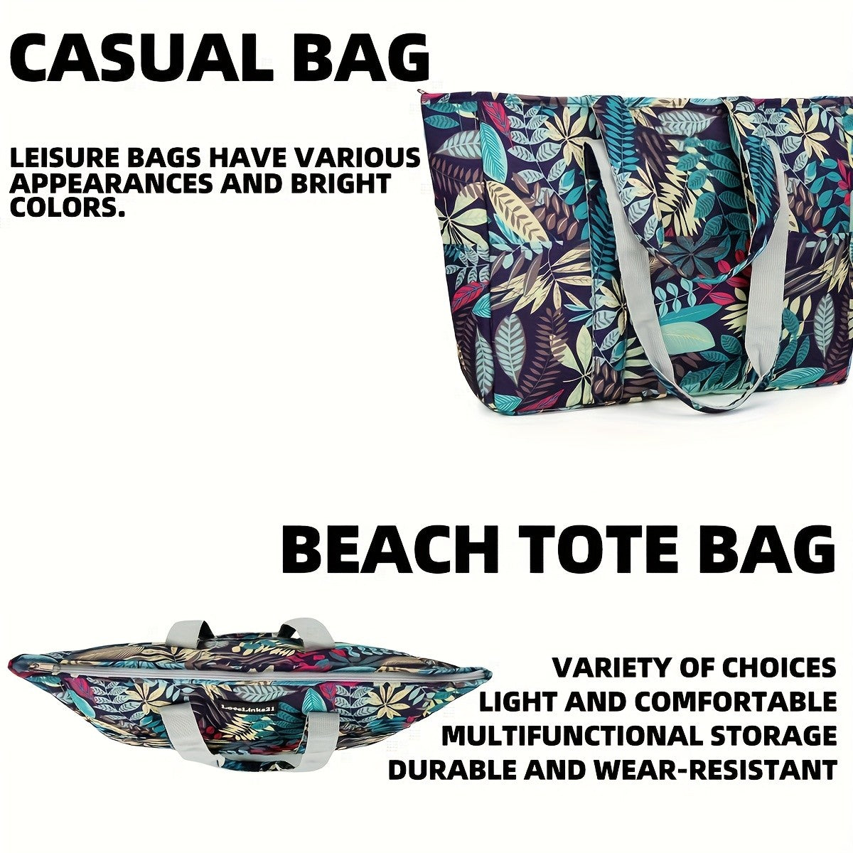 Beach Tote Bag for Women with Wet and Dry Pocket, Pool Swim Carry Bag for Summer Vacations and Travel in Blue Leaf, Red Leaf or Black