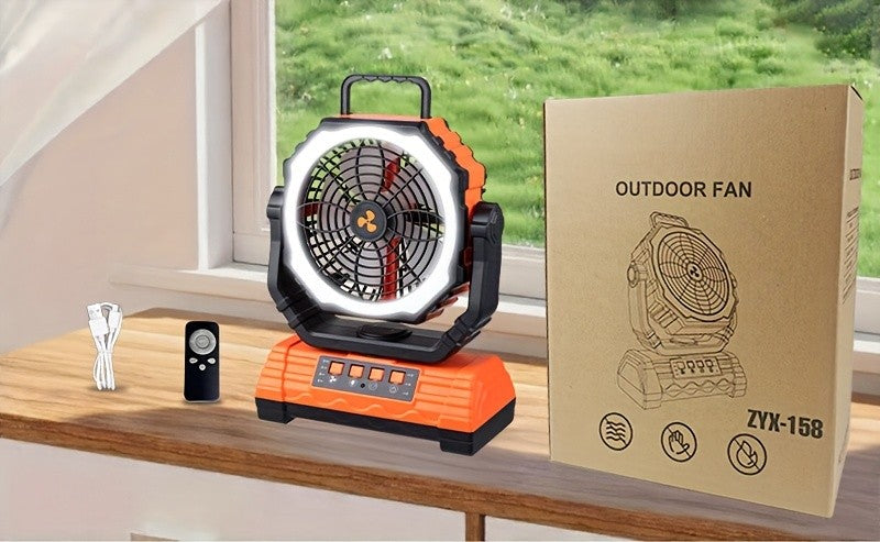 20000mAh Camping Fan with 4 LED Lanterns, Dual Motor Battery Powered Fan, 4-Speed Desk Fan with Hook, Remote Control Portable Outdoor Fan for Tent, Power Outage, Construction Site