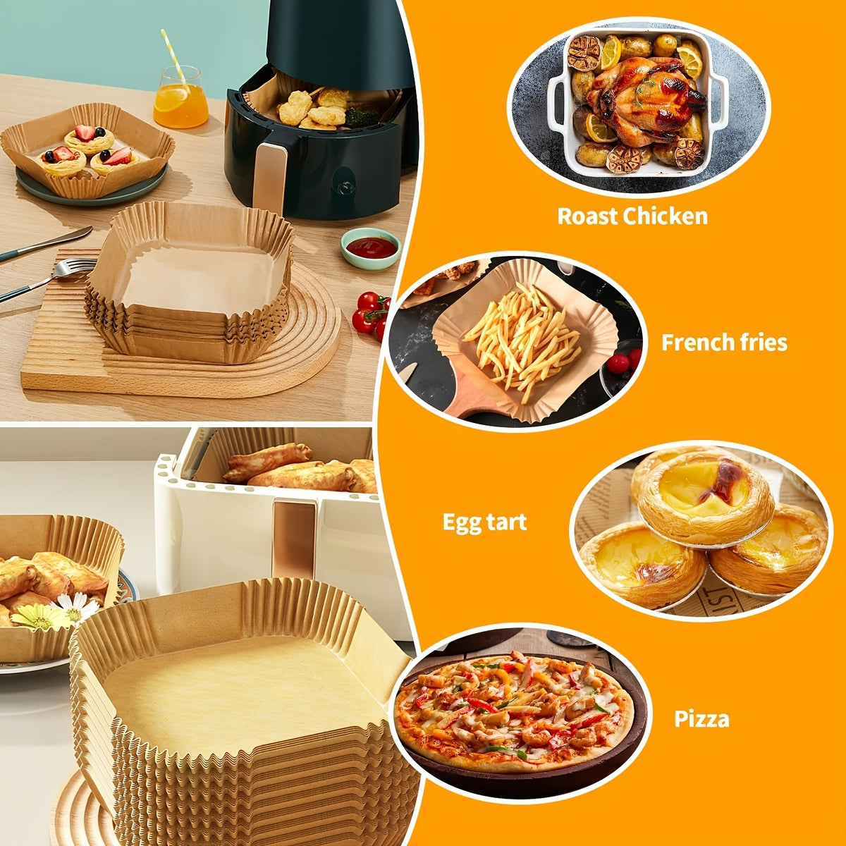 Yellow Square Air Fryer Liners in 50 or 100-Piece Packs with Listed Nonstick and Oil-Proof Design for Compatible Oven Baking and Everyday Kitchen Cooking