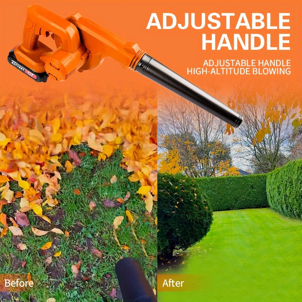 Blue and Orange Cordless Handheld Leaf Blower with Listed 21V Lithium Battery and Extension Tube, One- or Two-Battery Options for Yard and Garden Cleanup