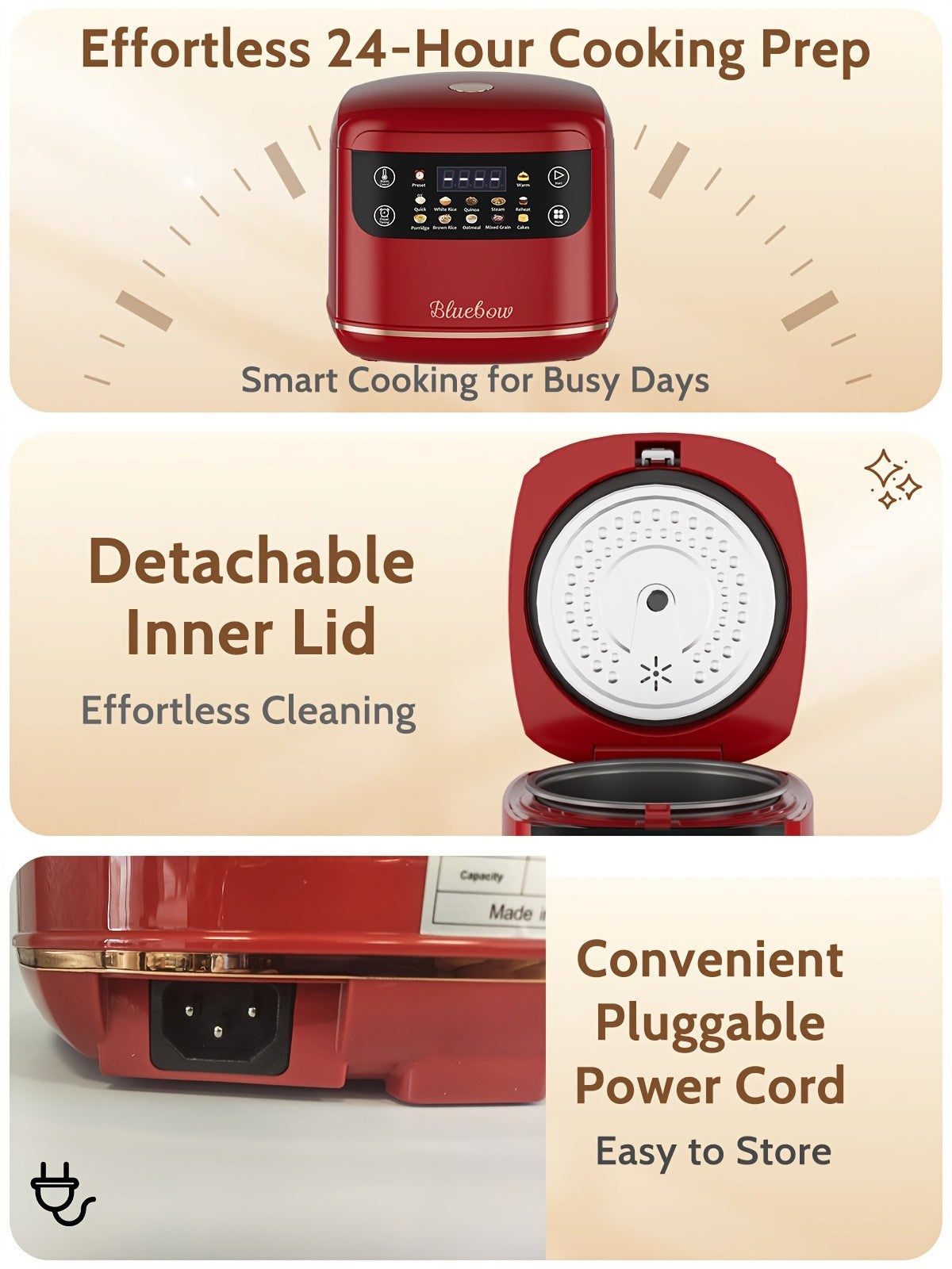 Mini Digital Rice Cooker with Listed 67.63 Oz Capacity, Ten-in-One Presets, Touchscreen and Nonstick Inner Pot with Delay and Keep Warm in Red or White Options