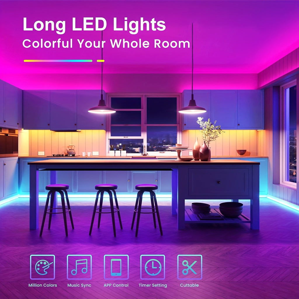 Music Sync LED Strip Lights, 200ft RGB Color Changing Kit with App and Remote Control, Timer and Two 30m Rolls for Bedroom and Party Decor