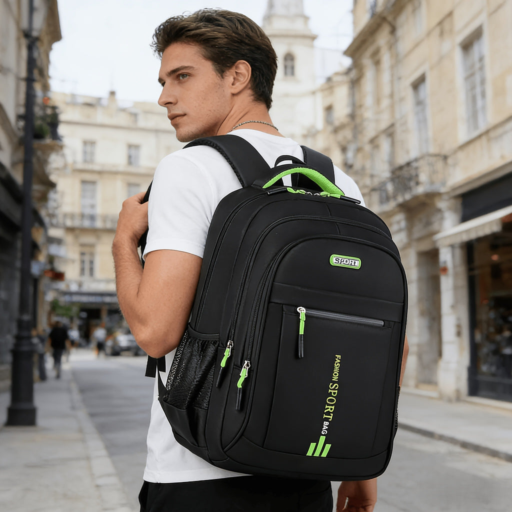 Minimalist Student Backpack in Black or Green for School, College and Everyday Commuting, Laptop-Style Travel Bag with Listed Two-Piece Package Reference