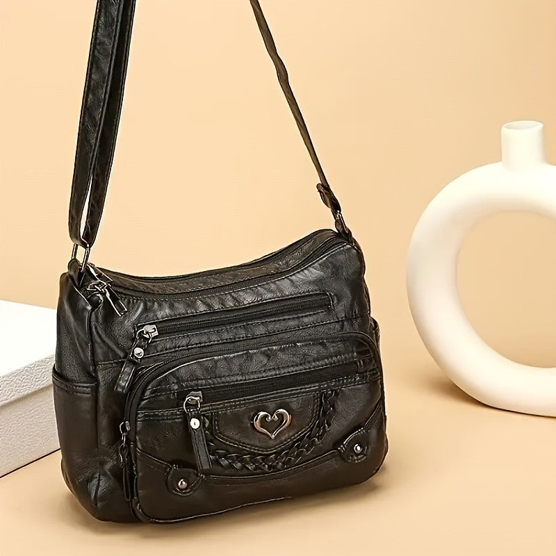Grey Crossbody Bag with Heart Detail and Adjustable Shoulder Strap, Retro PU Purse with Multiple Zipper Pockets for Errands, Coffee Dates and Casual Daily Carry