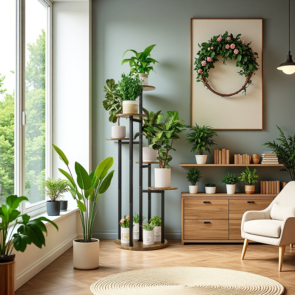 Six-Tier Metal Plant Stand by SUOERNUO with Listed Nine-Pot Display Layout, EVA Base Pads and Black or White Options for Indoor Corner Decor