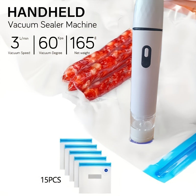 Handheld Vacuum Sealer Machine with 15 Vacuum Bags, Powerful Portable Food Vacuum Sealer for Food Storage and Preservation, Rechargeable Vacuum Sealing Machine for Kitchen and Travel