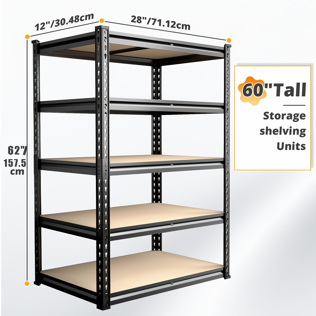 Adjustable Storage Shelving by REIBII with Five Wood-Board Tiers and Black Metal Frame, Garage and Pantry Organizer with Height and Two-Piece Pack Options