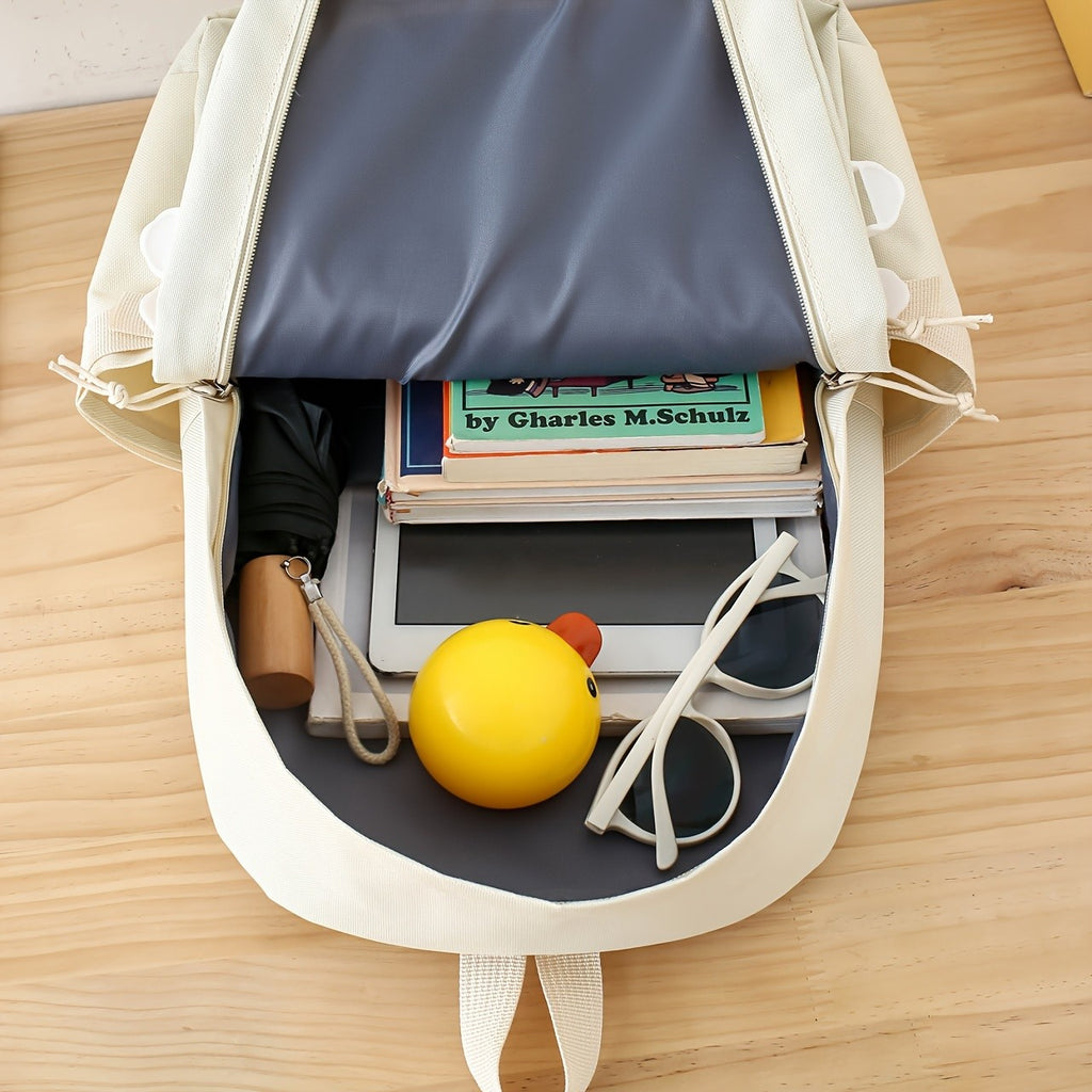 Solid-Color Canvas Backpack Set with Listed Five-Piece Format, Tote, Pencil Bag and Crossbody Wording, Four Pendant-Labeled Color Options for Student Daily Carry