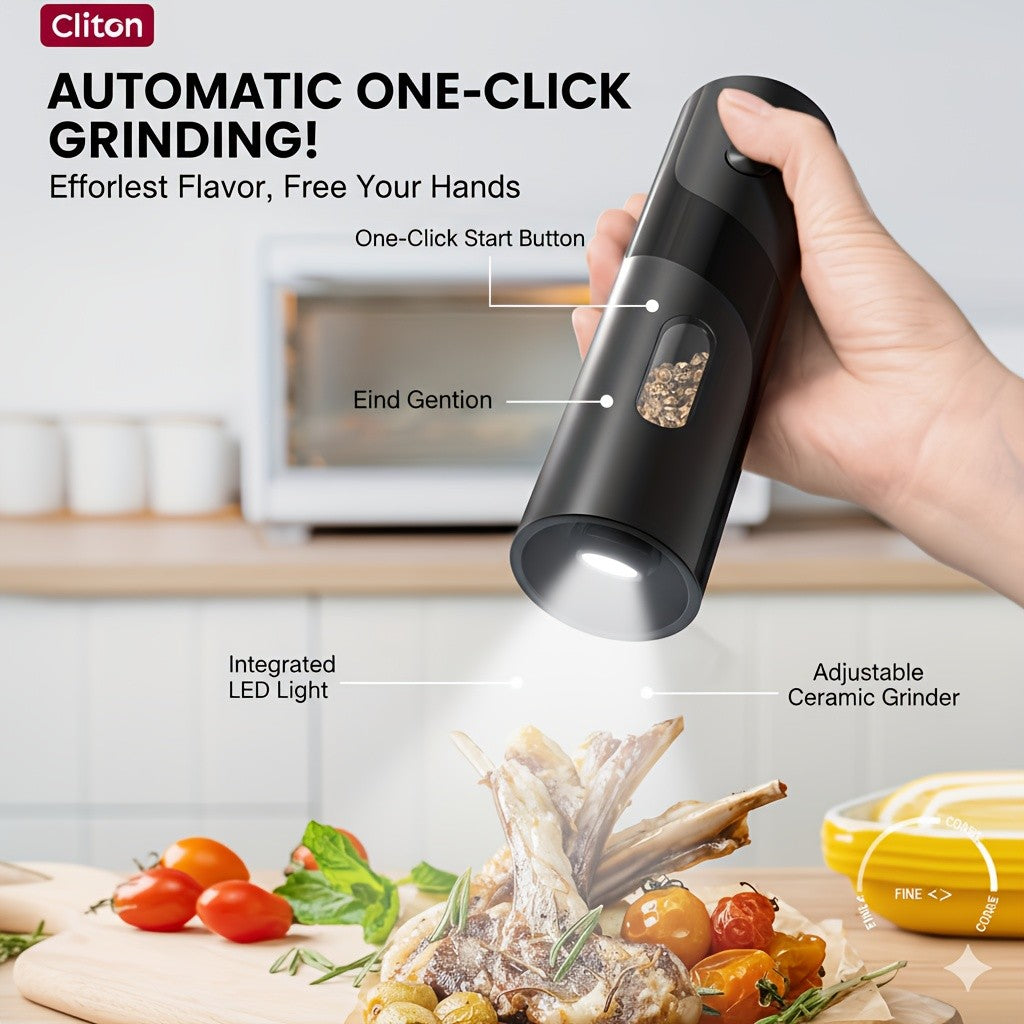LED Salt and Pepper Grinder with Rechargeable Electric Grinding and Adjustable Coarseness, Black or Green Options Including Two-Piece Charging-Base Labels
