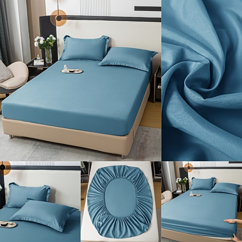 Three-Piece Solid Fitted Sheet and Pillowcase Set, One Soft-Feel Mattress Sheet with Two Pillowcases in Ten Size Labels and Six Colors for Home Bedrooms