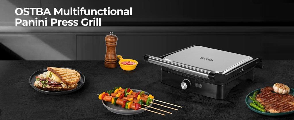 Temperature Control Panini Press Grill by OSTBA, 1200W Sandwich Maker with Nonstick Plates, 180-Degree Opening and Removable Drip Tray for Indoor Cooking
