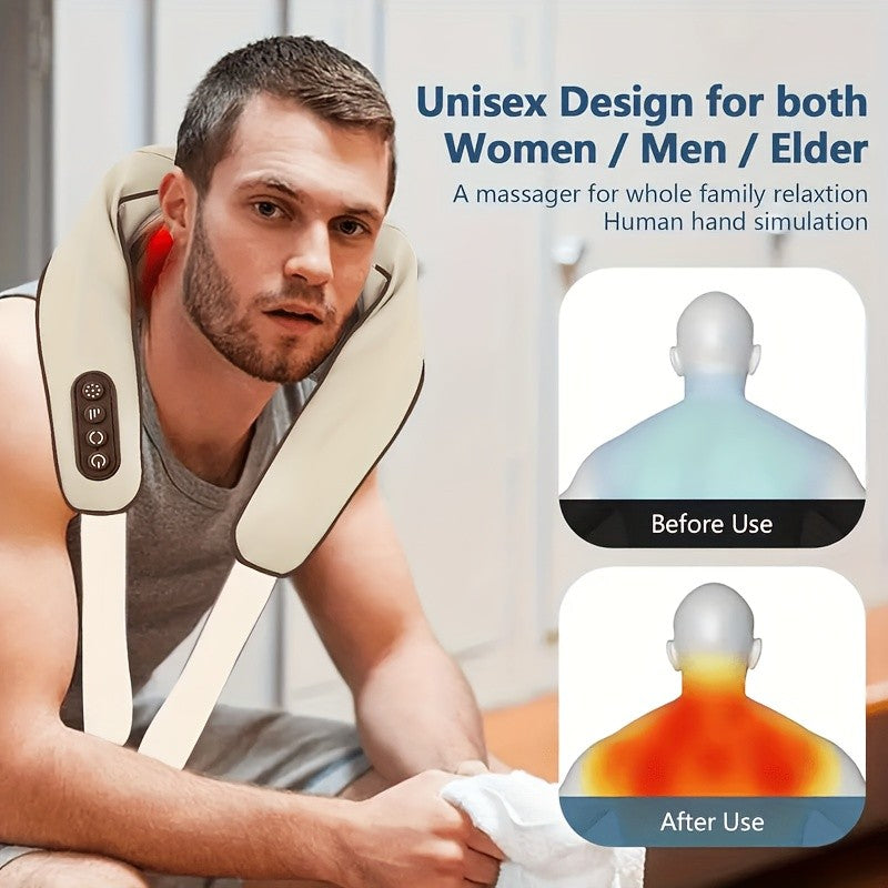 Six-Node Kneading Neck Massager with Listed Heating and Wireless Shiatsu Design, Beige or White Personal Massage Device for Instruction-Guided Comfort Routines