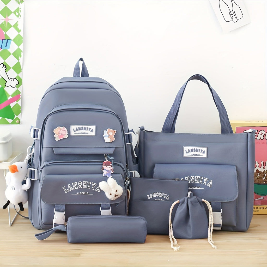 Solid-Color Canvas Backpack Set with Listed Five-Piece Format, Tote, Pencil Bag and Crossbody Wording, Four Pendant-Labeled Color Options for Student Daily Carry