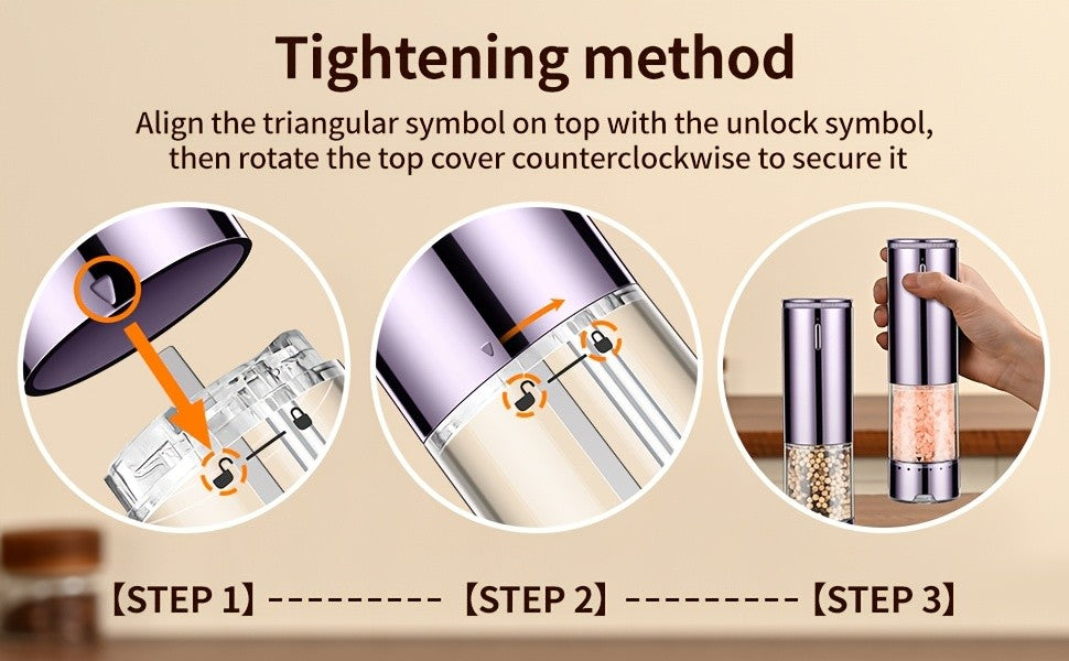 Automatic Salt and Pepper Grinder Set, 2 Refillable Electric Mills in Silvery with LED Light, Adjustable Coarseness and One-Handed Operation for Kitchen Seasoning