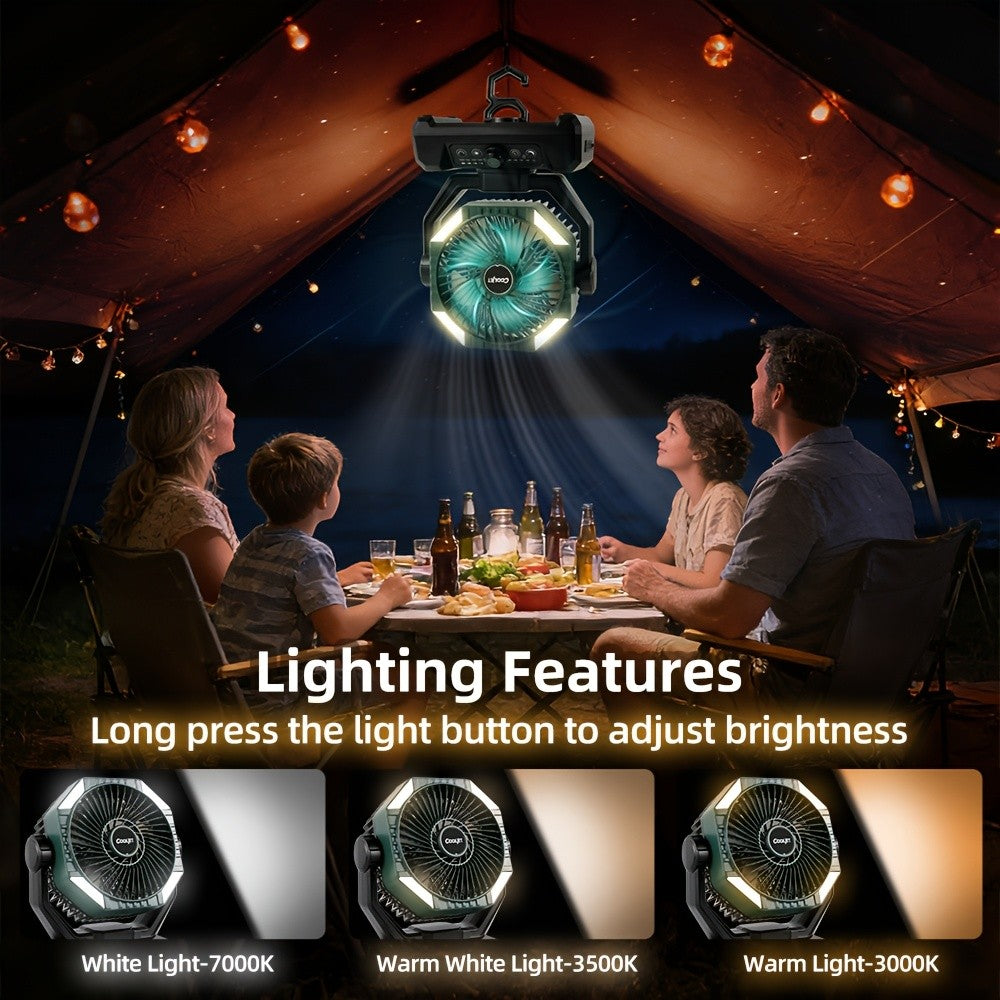 CoolJet Portable Camping Fan with Listed 20000mAh Battery, Variable Speed and 18-LED Light with Three Dimming Levels, Fern Green or Orange Airflow Options