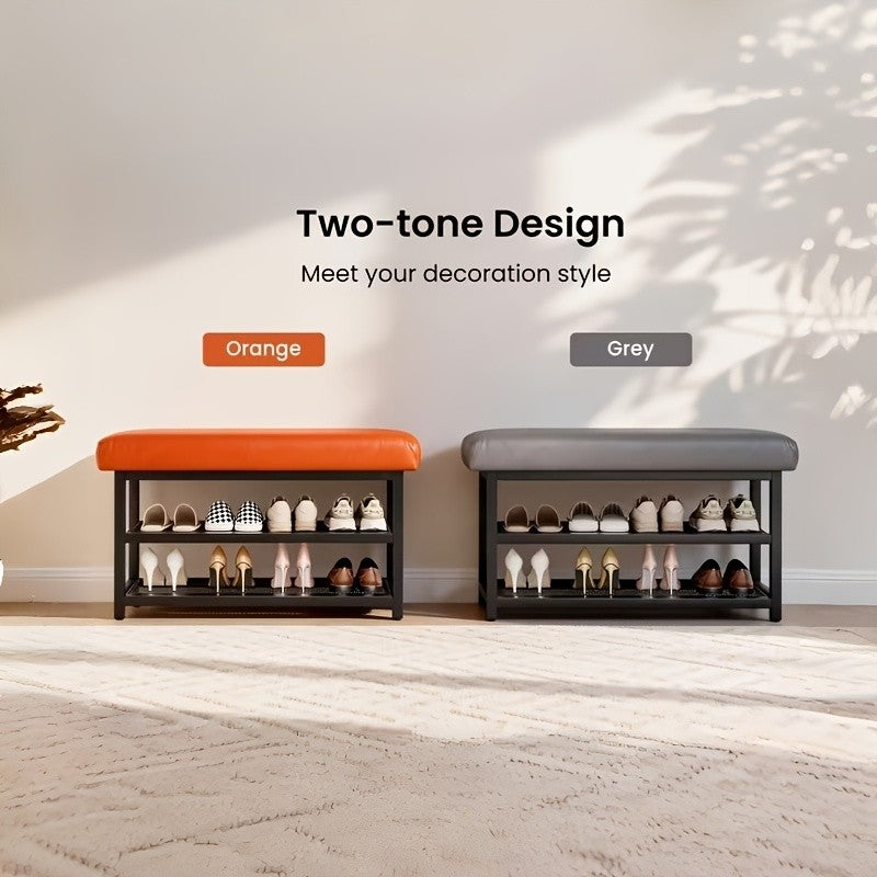 Cushioned Shoe Storage Stool with Metal Frame and Shoe Rack for Entryway, Hallway and Bedroom Organization, Orange or Gray in Large and Small Options
