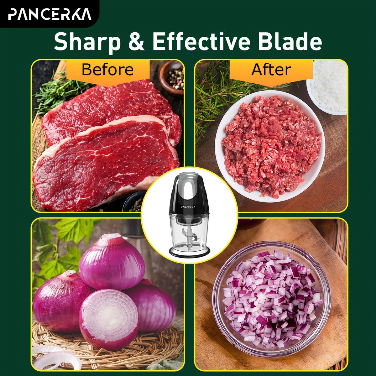 One-Touch Electric Food Chopper by PANCERKA, Listed 20.29oz Capacity with Four Stainless Steel Blades for Compatible Vegetables, Garlic, Fruit and Meat Prep