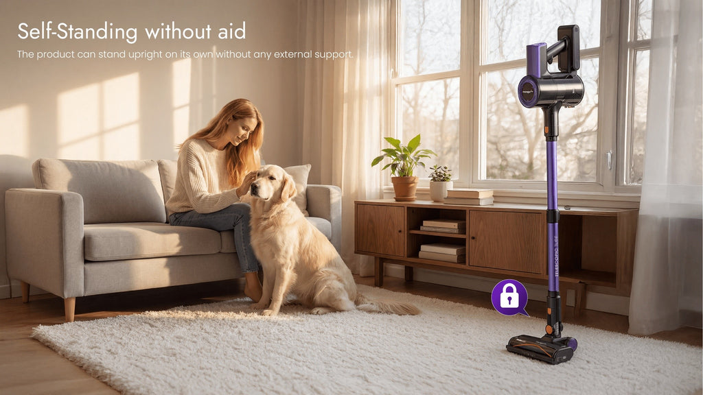 Detachable-Battery Cordless Vacuum Cleaner in Purple with Listed 46kPa Suction, Six-Stage Filtration and V-Shaped Brush Features for Home Floor and Pet Hair Cleanup
