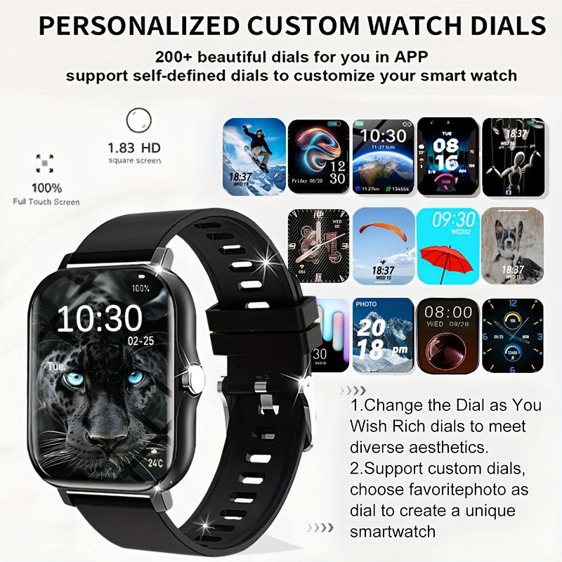 1.83-Inch Full Touchscreen Smart Watch with USB Rechargeable 180mAh Battery, Multi-Sport Modes and Remote Camera Functions, Golden or Silvery Silicone Strap Options