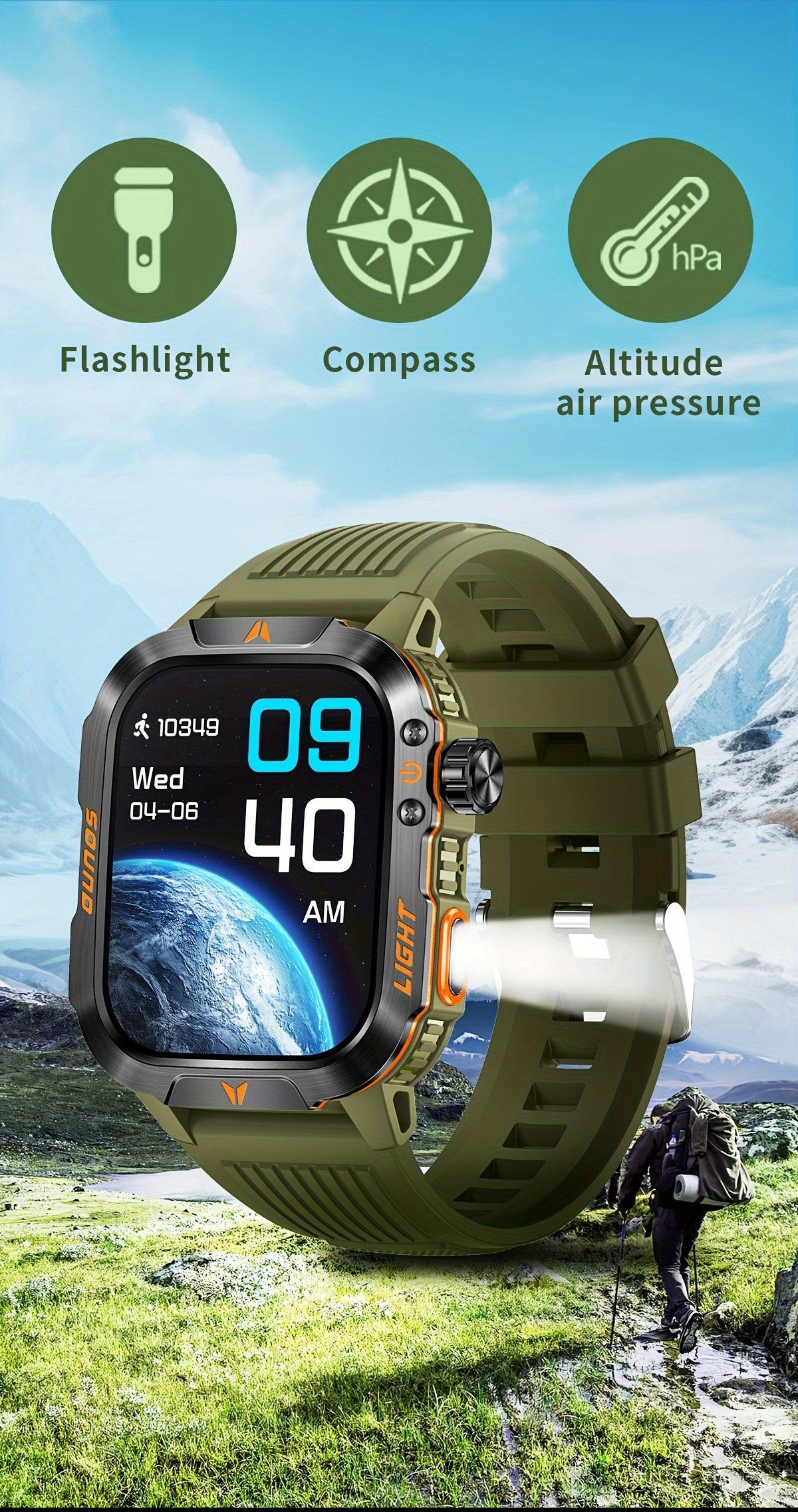 Outdoor Calling Smartwatch with Listed Compass, Altimeter, Barometer and LED Flashlight, 600mAh Battery and Sleep Tracking in Five Style Labels for Men