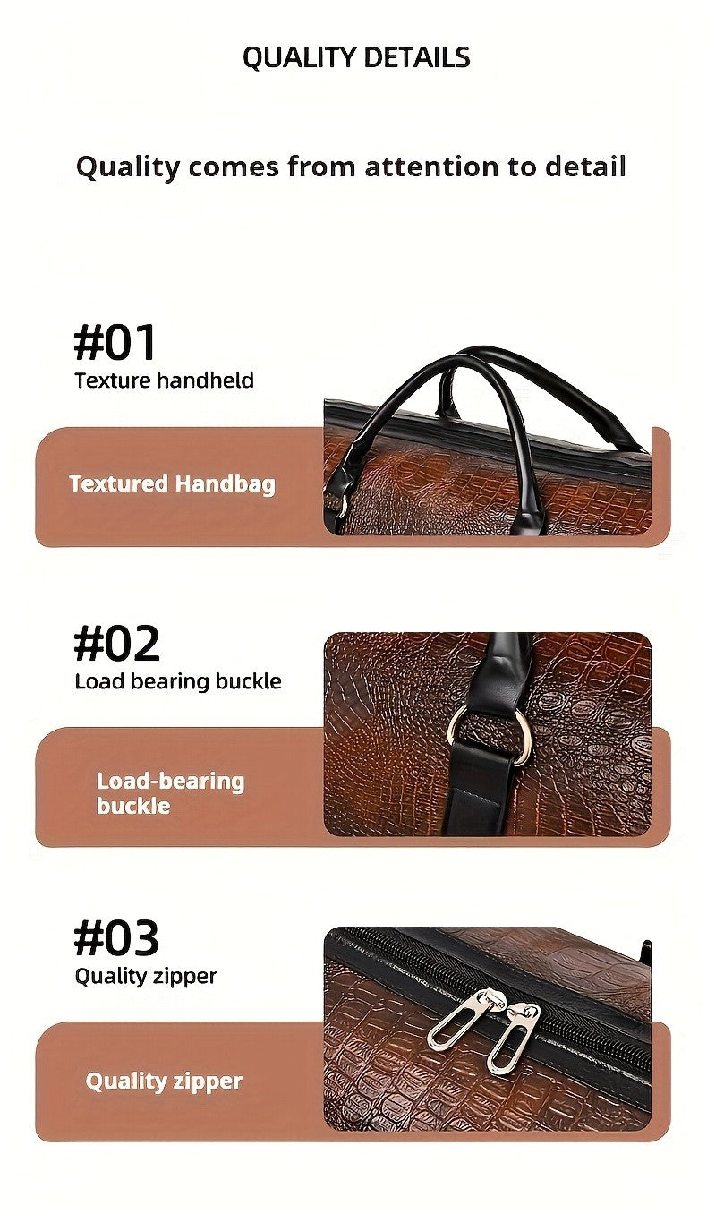 Crocodile Pattern Travel Handbag with Retro Styling and Shoulder Strap Reference, Dark Brown, Light Brown and A-Black Options for Everyday Packing