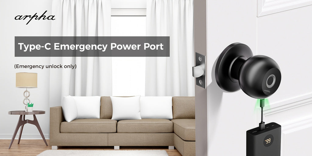 Replaceable-Battery Smart Door Knob by Arpha in Black with Listed Fingerprint, Passcode, Tuya App and Physical Key Access, Passage and Privacy Modes, Battery Excluded