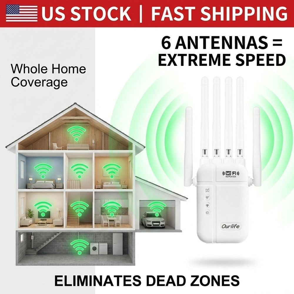 Six Antenna WiFi Repeater with Ethernet Port and One-Click Setup, Listed 1800Mbps Advanced Signal Booster for Compatible Home Wireless Network Extension