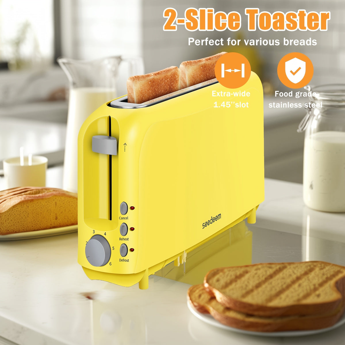 Slim Long Slot Toaster by SEEDEEM, 2-Slice 750W Breakfast Toaster with 1.45-Inch Wide Slot, 6 Shade Settings, Reheat, Defrost and Crumb Tray