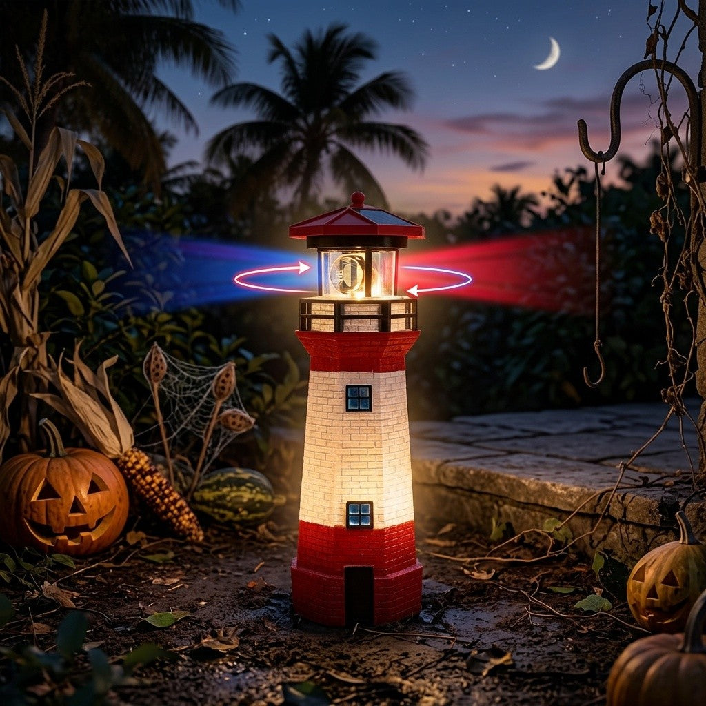Rotating LED Solar Lighthouse with Built-In Solar Panel and Automatic Night Lighting Wording, Upgraded Model Label for Nautical Garden and Patio Decoration
