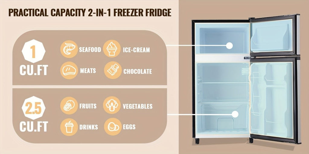 Compact Fridge Freezer by WANAI, Double-Door 3.5 or 4.5 Cu Ft Options with Seven-Level Thermostat, Removable Shelves and Listed LED Light for Apartment and Office