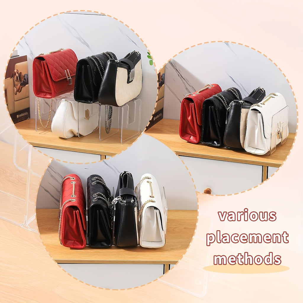 Acrylic Handbag Organizer with Four Listed Sections, Clear Desktop Purse Storage Rack for Compatible Bags, Books and Small Accessories with 4pcs Option