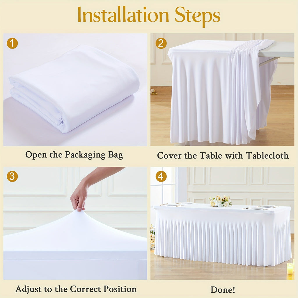 Ruffled Tablecloth for 4-Foot Rectangular Tables, One-Piece Polyester Spandex Table Cover with Integrated Skirt for Wedding Buffets, Dessert Displays and Parties