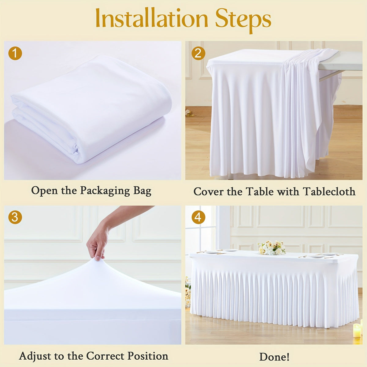 Ruffled Tablecloth for 4-Foot Rectangular Tables, One-Piece Polyester Spandex Table Cover with Integrated Skirt for Wedding Buffets, Dessert Displays and Parties
