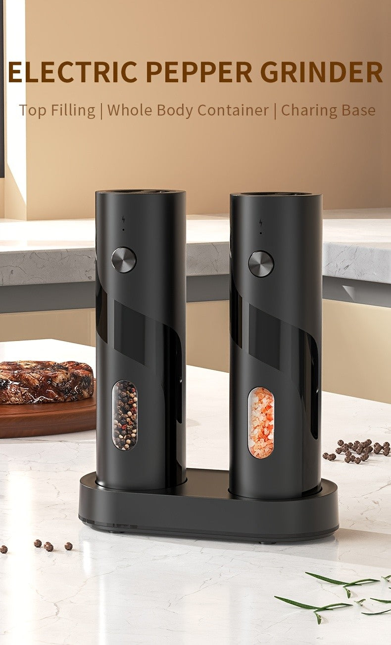 LED Salt and Pepper Grinder with Rechargeable Electric Grinding and Adjustable Coarseness, Black or Green Options Including Two-Piece Charging-Base Labels
