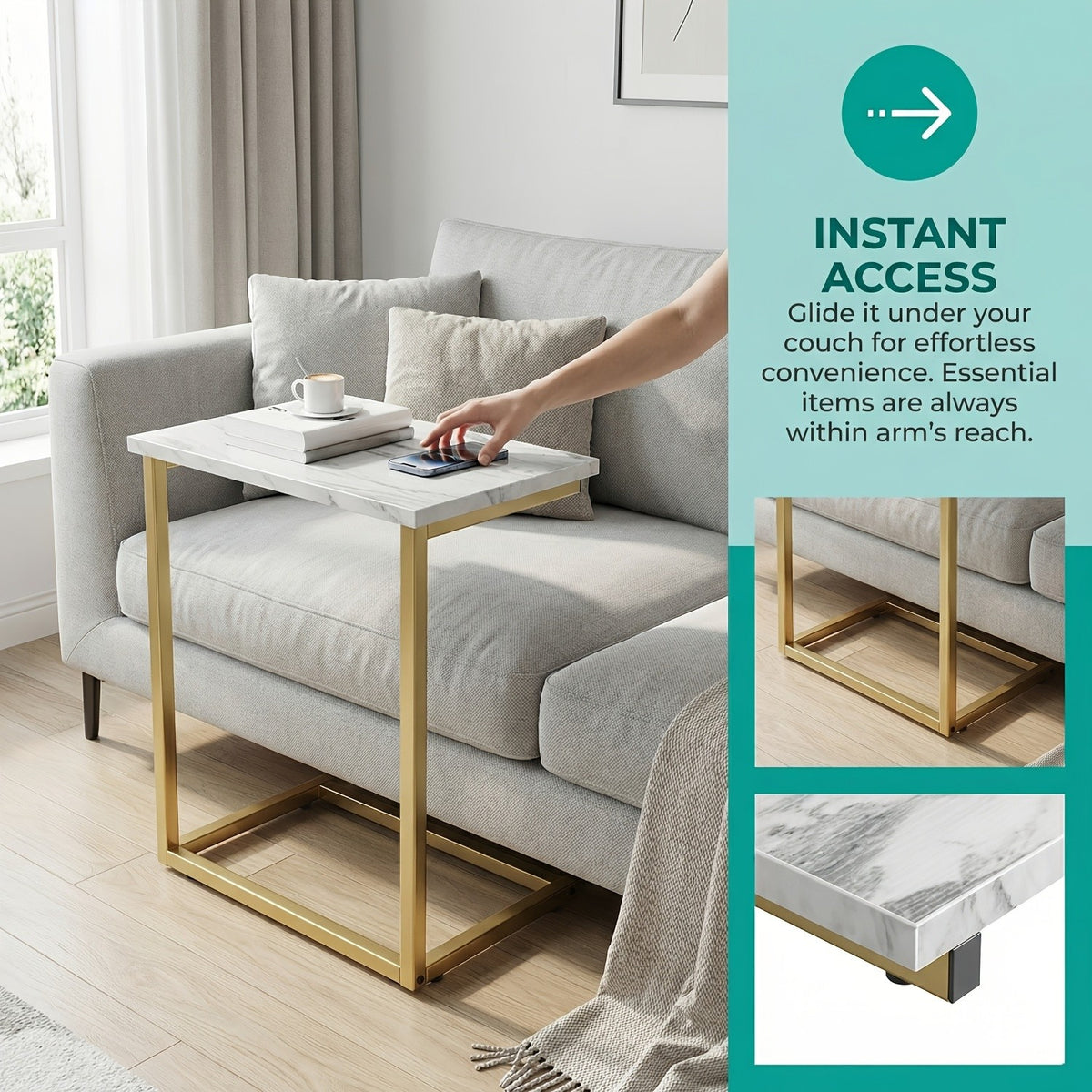 C-Shaped Sofa Side Table with Metal Frame, Marble-Pattern, Gray or Brown Options for Living Room Seating, Bedroom Essentials and Home Office Surface Space