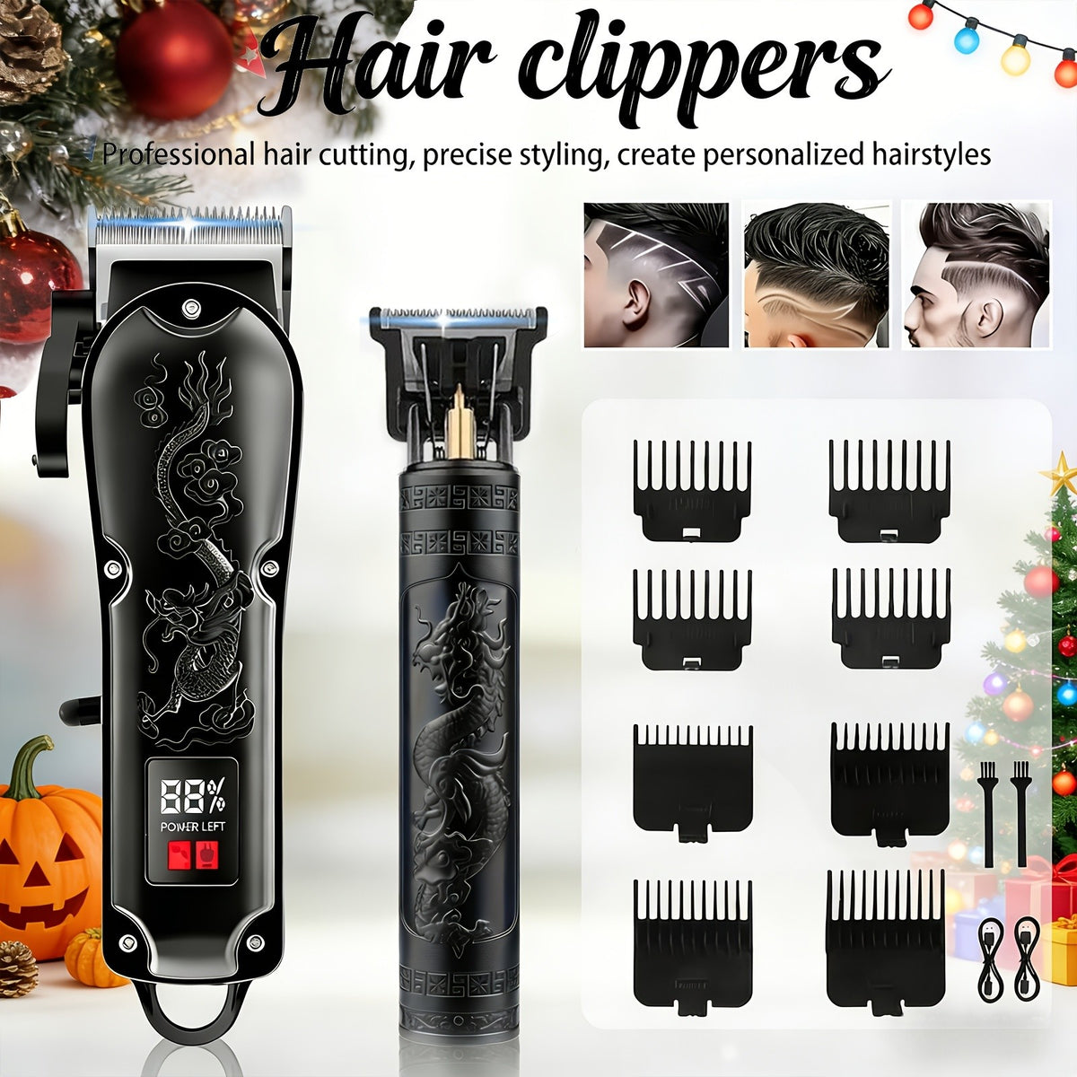 USB Rechargeable Hair Clipper Set for Men in Blue XY-4012, Cordless Grooming Tools with Listed Shaver, Nose Trimmer and Fine Trimmer Package References