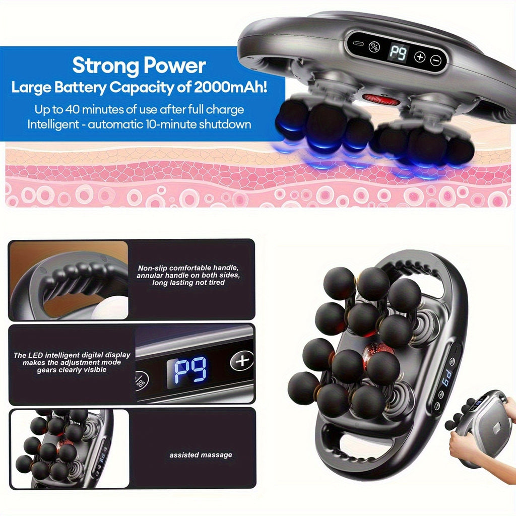 Nine-Mode Multi-Head Massage Gun with Nine Intensity Levels, USB-C Charging and Listed 10-Minute Timer, Grey, Gray 22-Head or 42-Head Model Options
