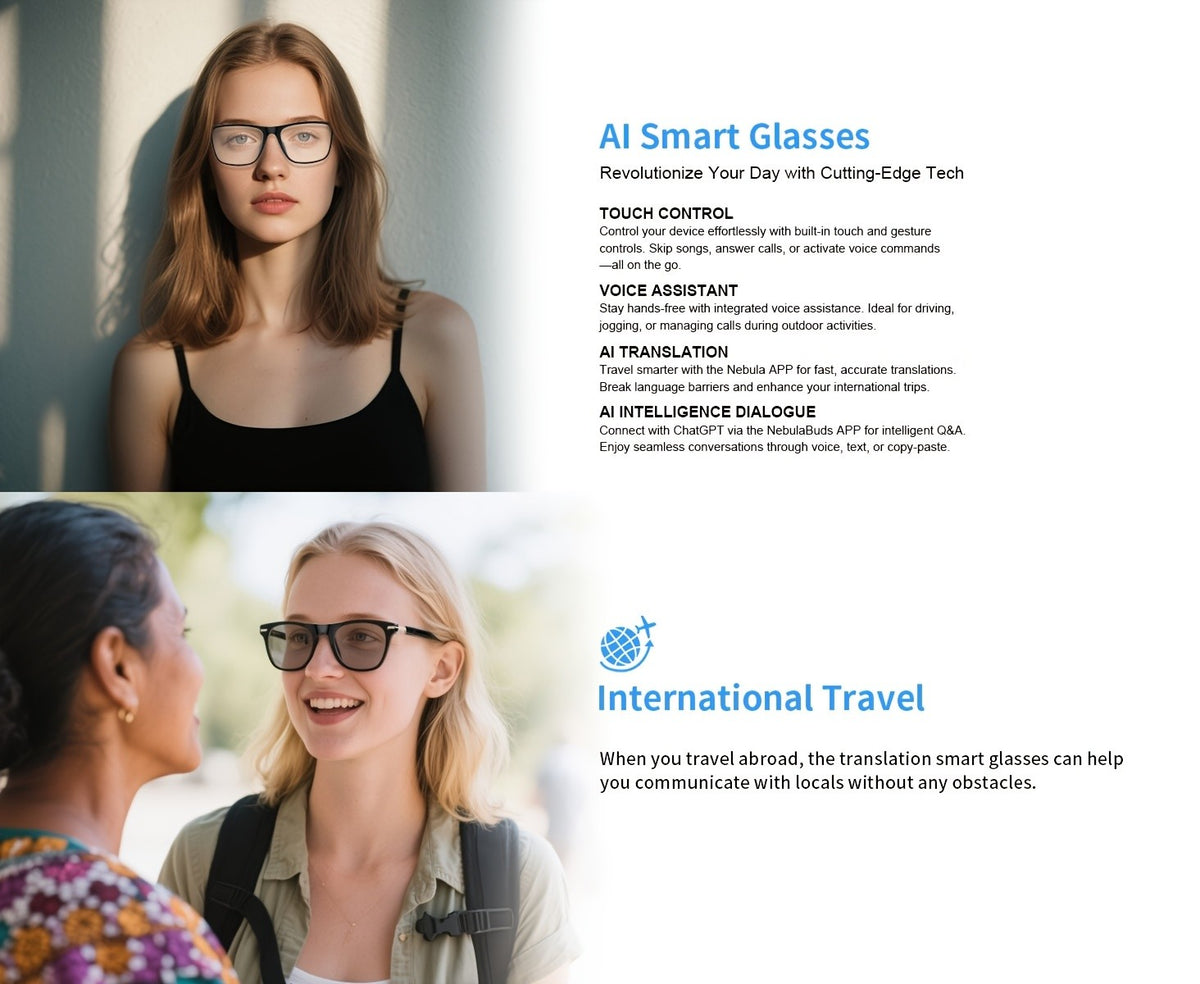 160 Language Translation Smart Glasses, AI Audio Glasses with ChatGPT, HD Calls & HiFi Music, Built-in Mic & Speaker, Photochromic Lenses, Real-Time Translator Eyewear for Travel, Meetings, Men & Women