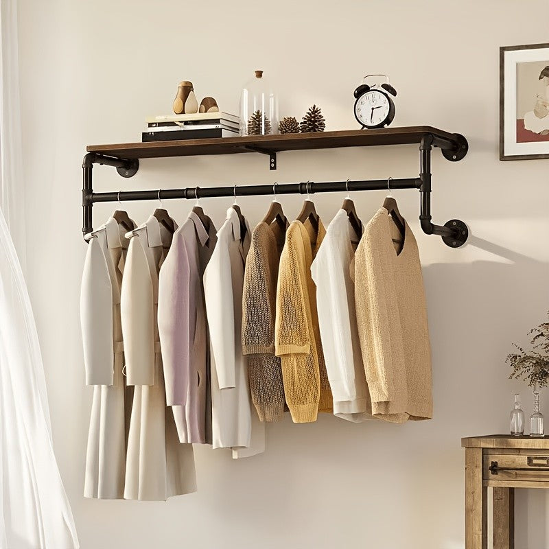 Industrial Pipe Clothes Rack by AESOME, 39.3-Inch Wall-Mounted Hanging Rod with Wood Top Shelf and Three Hooks in Black and Dark Brown for Closet Storage