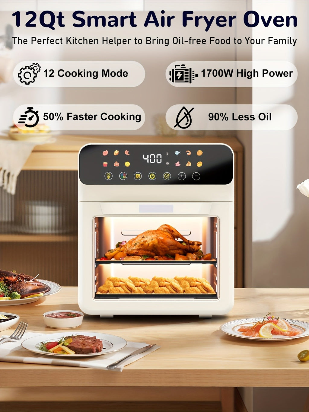 Air Fryer Oven with Listed 12-Quart Capacity, 12 One-Touch Presets, Viewing Window, Interior Light and Two Baking Pans in White or Black for Home Cooking