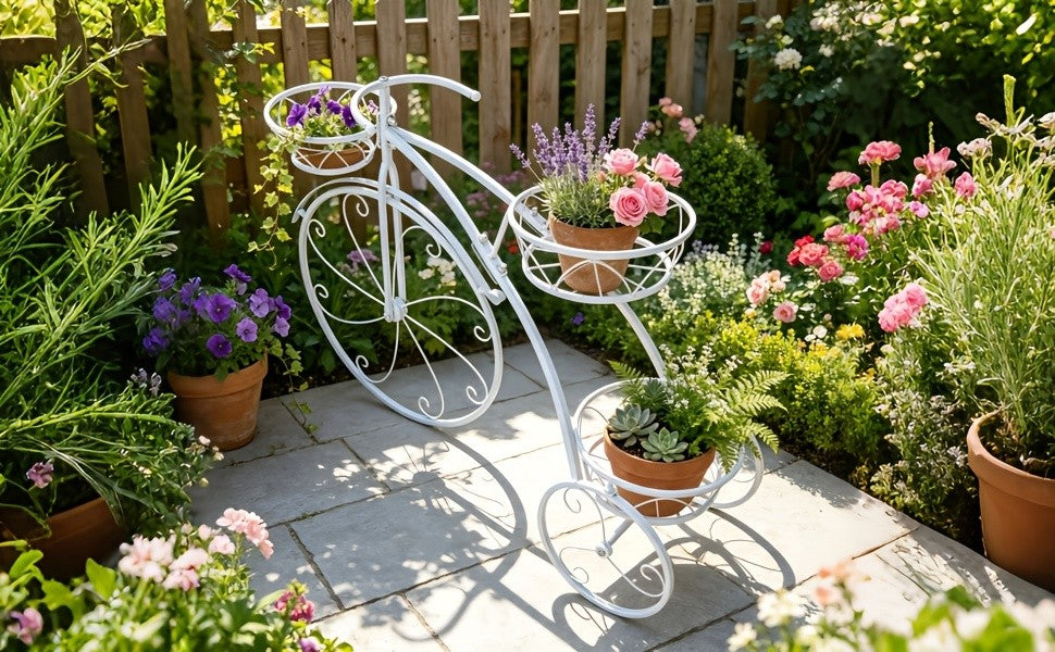 Tricycle Plant Stand in Black or White with Three Iron Pot Holders, Decorative Bicycle Flower Display with Fixed Wheels for Home and Suitable Patio Spaces