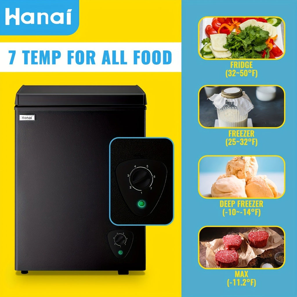 Compact Chest Freezer by WANAI with Seven Temperature Settings, Removable Basket and Top-Opening Hinged Door, WA-Black or WA-White Options for Home Storage