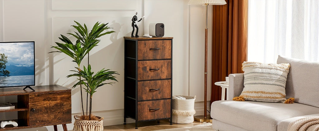 Narrow Fabric Storage Tower with Wooden Top, Two-Drawer Styles and Four-Drawer White Option for Bedroom, Closet, Laundry Room and Entryway Organization