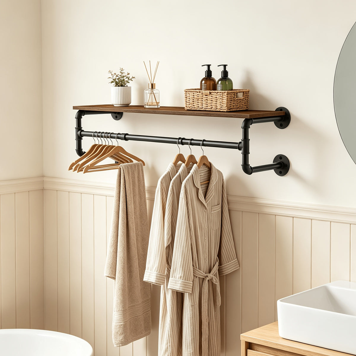 Industrial Pipe Clothes Rack by AESOME, 39.3-Inch Wall-Mounted Hanging Rod with Wood Top Shelf and Three Hooks in Black and Dark Brown for Closet Storage