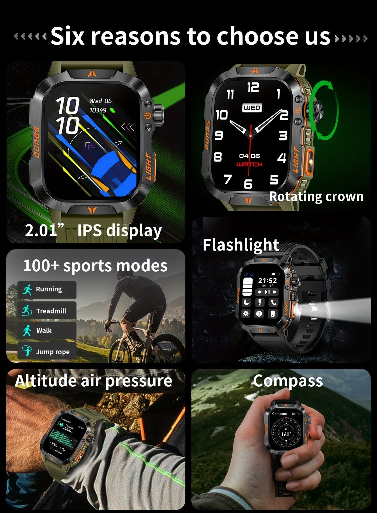 Outdoor Calling Smartwatch with Listed Compass, Altimeter, Barometer and LED Flashlight, 600mAh Battery and Sleep Tracking in Five Style Labels for Men