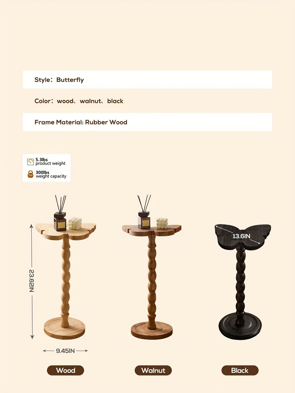 Pedestal Side Table with Heart, Clover, Gourd, Butterfly or Round Style Options, Wood, Walnut or Black Color Choices for Living Room and Bedroom Accents