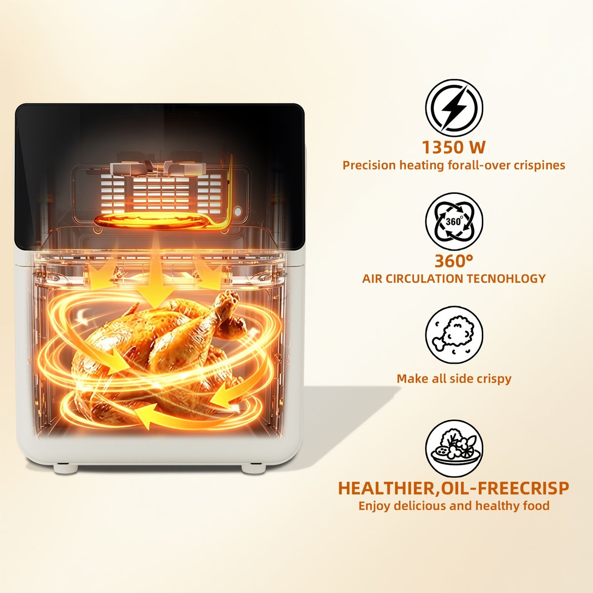 Viewing-Window Air Fryer Oven with Listed 10Qt Capacity, 12-in-1 Cooking Design, Touchscreen Controls and Nonstick Basket in Cream White or Black for Kitchen Use