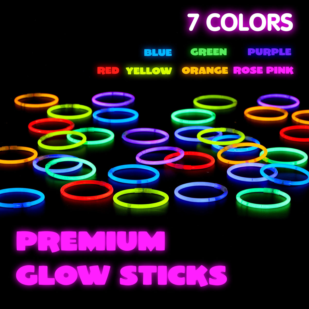 8-Inch Glow Sticks 144-Pack in Seven Colors, Bulk Glow Party Favors for Bracelet and Necklace Activities, Halloween, Birthdays and Football Celebrations